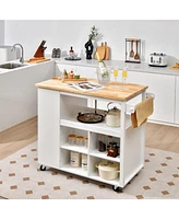 Sugift Kitchen Island Trolley Cart on Wheels with Storage Open Shelves and Drawer