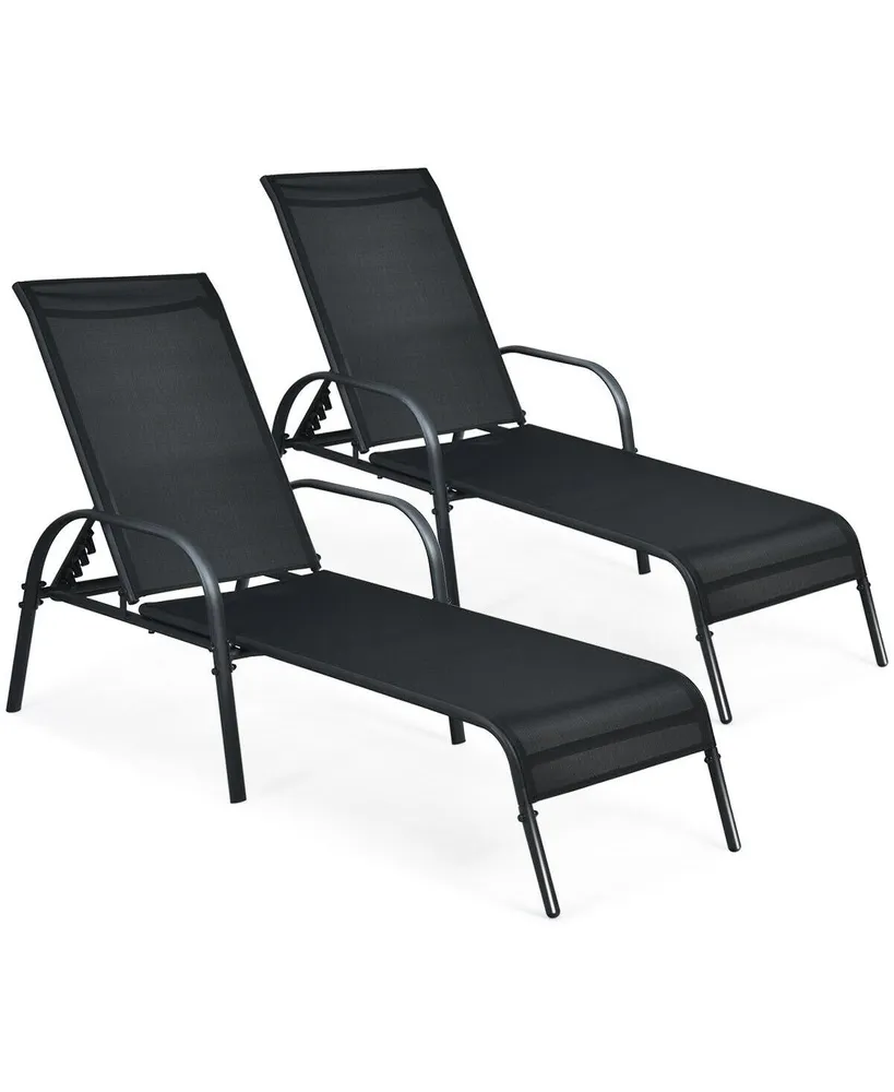 2 Pcs Outdoor Patio Lounge Chair Chaise Fabric with Adjustable Reclining Armrest