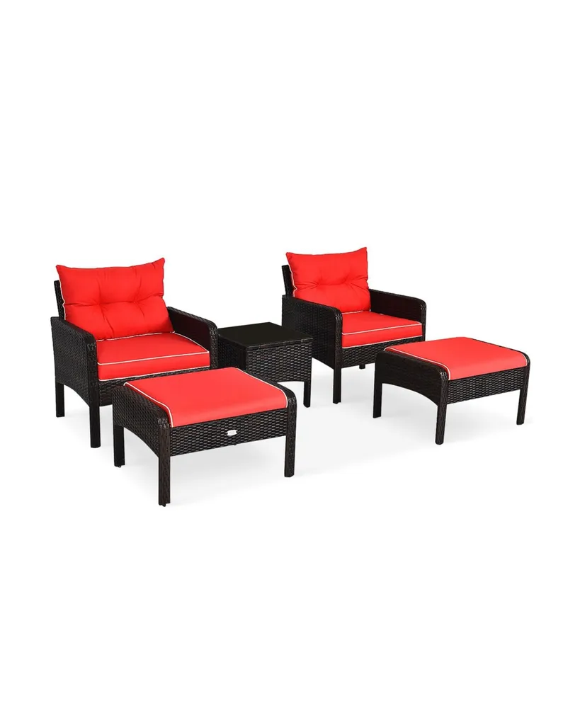 5 Pieces Patio Rattan Sofa Ottoman Furniture Set with Cushions-Red