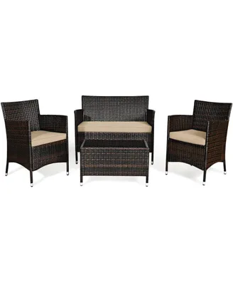 Sugift 4 Pieces Comfortable Outdoor Rattan Sofa Set with Glass Coffee Table