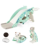 4-in-1 Kids Slide Rocking Horse with Basketball and Ring Toss-Green