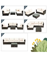 Vebreda 5 Pieces Cushioned Patio Rattan Furniture Set with Glass Table