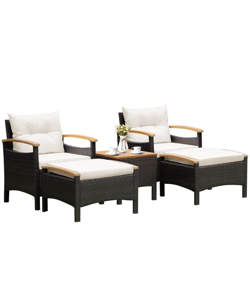 5 Pieces Patio Conversation Set with Cushions Coffee Table and 2 Ottomans