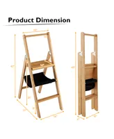 3 Step Foldable Bamboo Step Ladder Stool with Tool Storage Bag