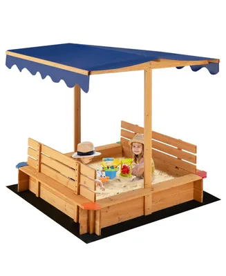 Kids Wooden Sandbox with Canopy and 2 Bench Seats