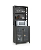 Tall Freestanding Buffet Hutch with Glass Holder and Adjustable Shelves