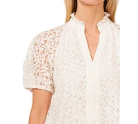 CeCe Women's Floral Lace Puff Sleeve Split Neck Top