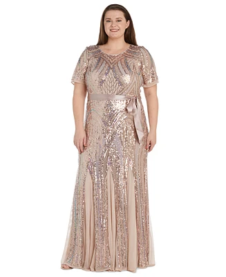 R & M Richards Plus Size Sequined Short-Sleeve Godet Gown