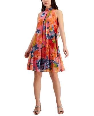 Robbie Bee Women's Floral-Print Sleeveless Trapeze Dress