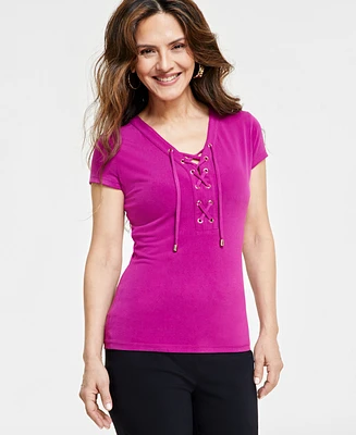 I.n.c. International Concepts Petite Lace-Up-Neck Top, Created for Macy's