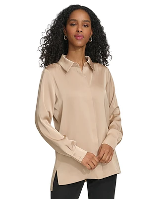 Calvin Klein Women's Long Sleeve High-Low Collared Shirt