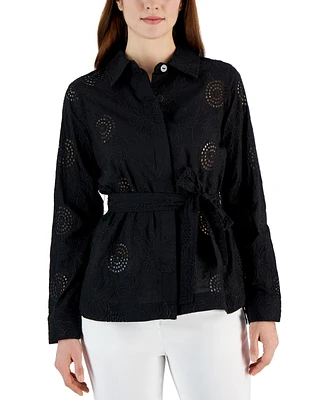 Tahari Asl Women's Cotton Floral Eyelet Tie-Waist Shacket