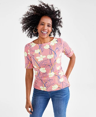 Style & Co Petite Tulip Menagerie Elbow-Sleeve Knit Top, Created for Macy's