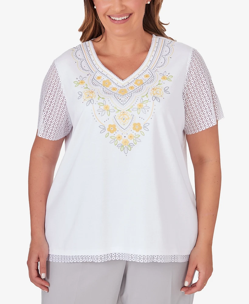 Alfred Dunner Plus Charleston Embroidered Top with Lace Sleeves