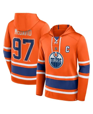 Men's Fanatics Connor McDavid Orange Edmonton Oilers Name and Number Lace-Up Pullover Hoodie