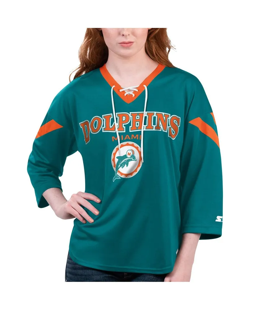 Women's Starter Aqua Miami Dolphins Rally Lace-Up 3/4 Sleeve T-shirt