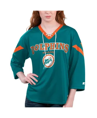 Women's Starter Aqua Miami Dolphins Rally Lace-Up 3/4 Sleeve T-shirt