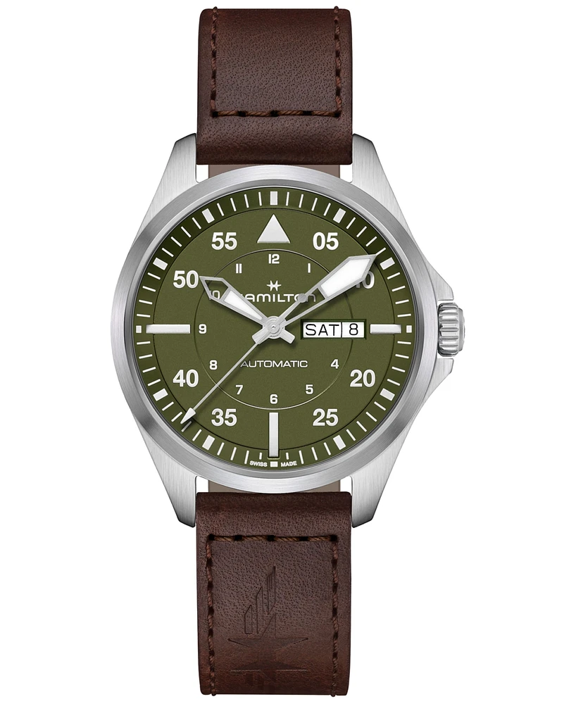 Hamilton Men's Swiss Automatic Khaki Aviation Day Date Brown Leather Strap Watch 42mm