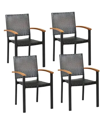 Set of 4 Outdoor Patio Pe Rattan Dining Chairs with Powder-coated Steel Frame