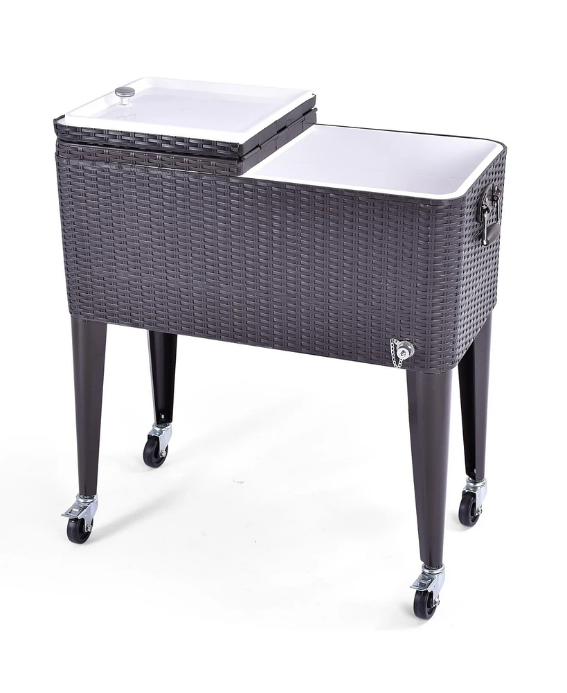 80QT Outdoor Party Portable Rattan Rolling Cooler Cart