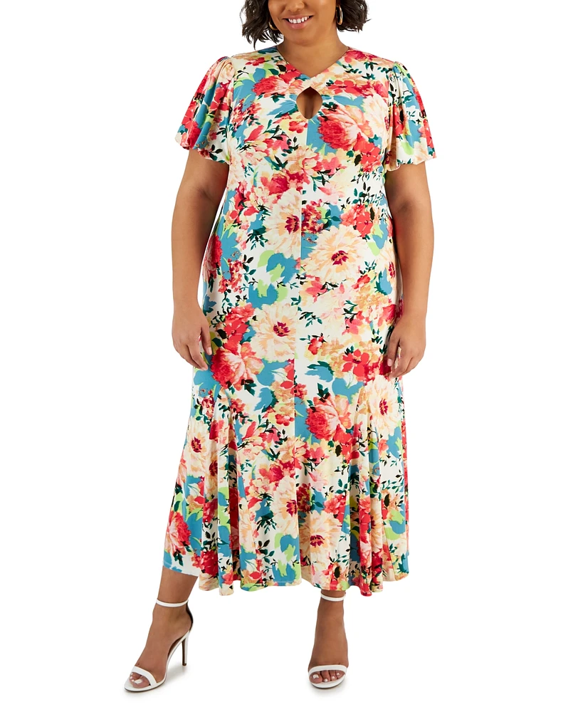 Taylor Plus Floral-Print Keyhole Midi Dress