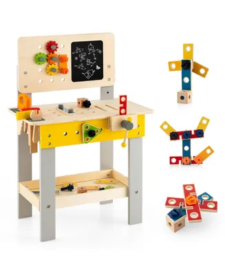 Wooden Pretend Play Workbench Set with Blackboard for Toddlers Ages 3+