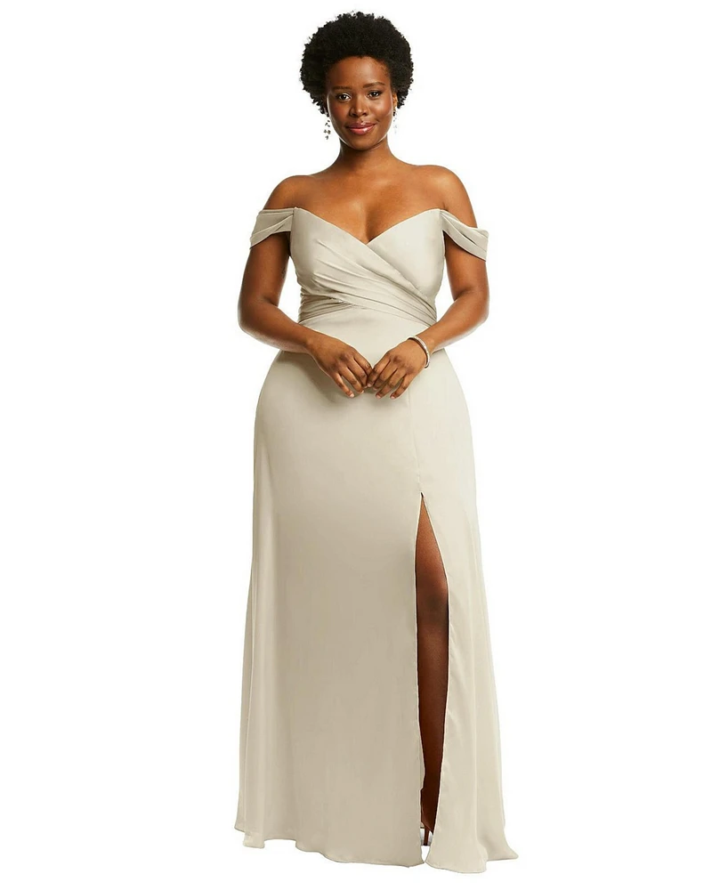 Dessy Collection Plus Off-the-Shoulder Flounce Sleeve Empire Waist Gown with Front Slit