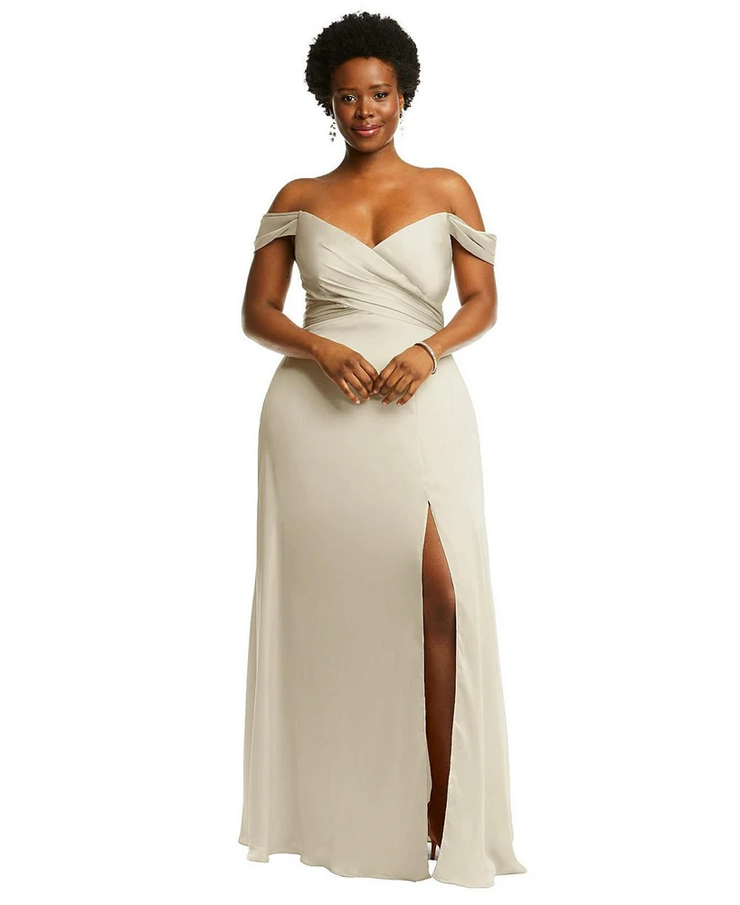 Dessy Collection Plus Size Off-the-Shoulder Flounce Sleeve Empire Waist Gown with Front Slit