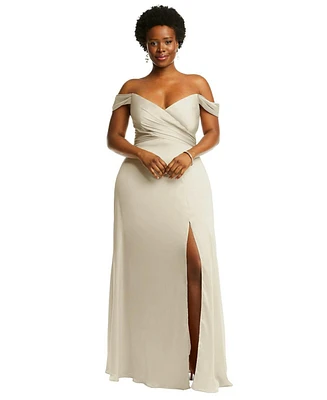 Dessy Collection Plus Off-the-Shoulder Flounce Sleeve Empire Waist Gown with Front Slit