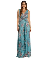 R & M Richards Women's Metallic Floral Print Sleeveless Gown