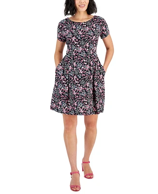 Connected Petite Printed Round-Neck Fit & Flare Dress