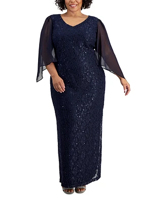Connected Plus Embellished 3/4-Sleeve Lace Gown