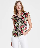 Anne Klein Petite Floral Print Split-Neck Flutter-Sleeve Top