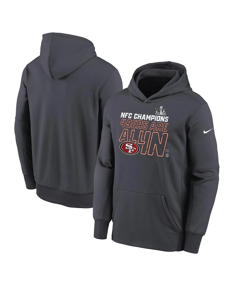 Big Boys Nike Anthracite San Francisco 49ers 2023 Nfc Champions Locker Room Trophy Collection Pullover Hoodie