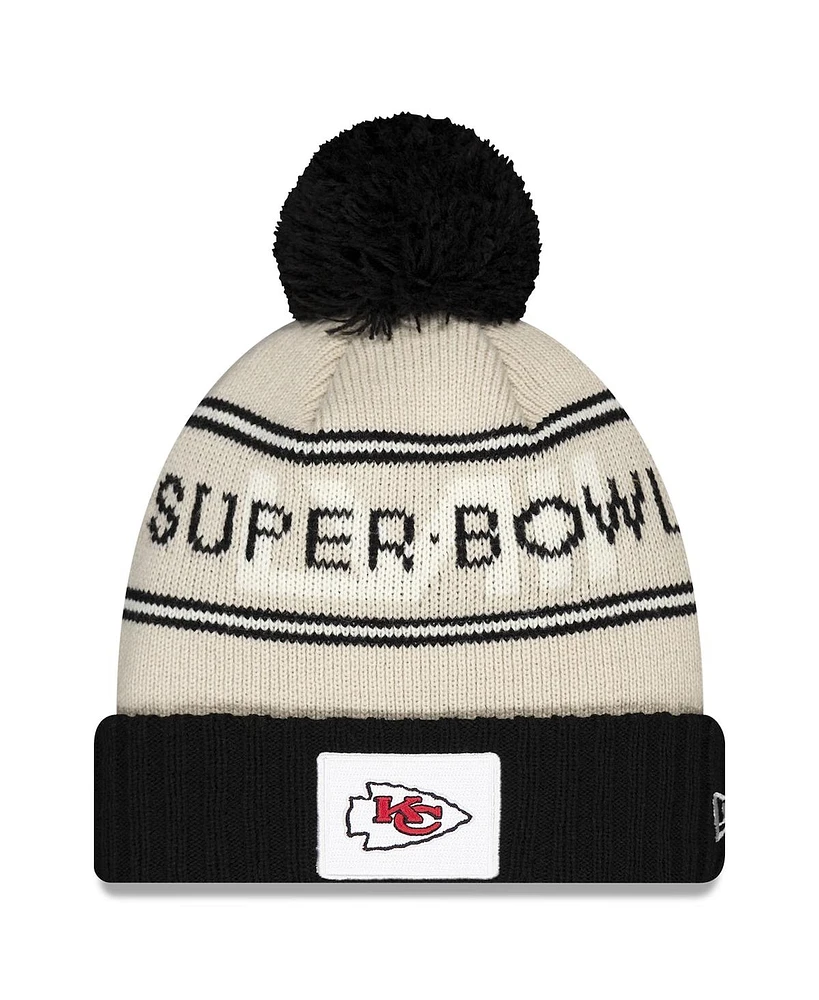 Men's New Era Cream, Black Kansas City Chiefs Super Bowl Lviii Cuffed Knit Hat with Pom