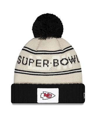 Men's New Era Cream, Black Kansas City Chiefs Super Bowl Lviii Cuffed Knit Hat with Pom