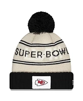 Men's New Era Cream, Black Kansas City Chiefs Super Bowl Lviii Cuffed Knit Hat with Pom