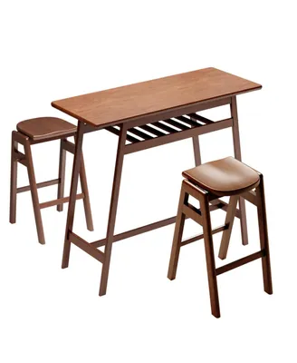 Simplie Fun 3 Pcs Pub Dining Set Retro Bar Table Rubberwood Stackable Backless High Stool For 2