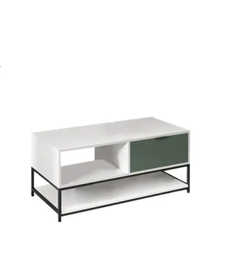 Simplie Fun Watson White And Green Wood Coffee Table Steel Frame With Shelves And Drawer