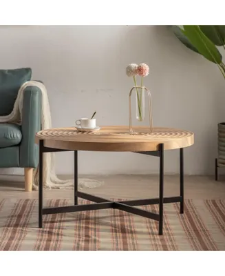Simplie Fun Modern Thread Design Round Coffee Table, Mdf Table Top With Cross Legs Metal Base