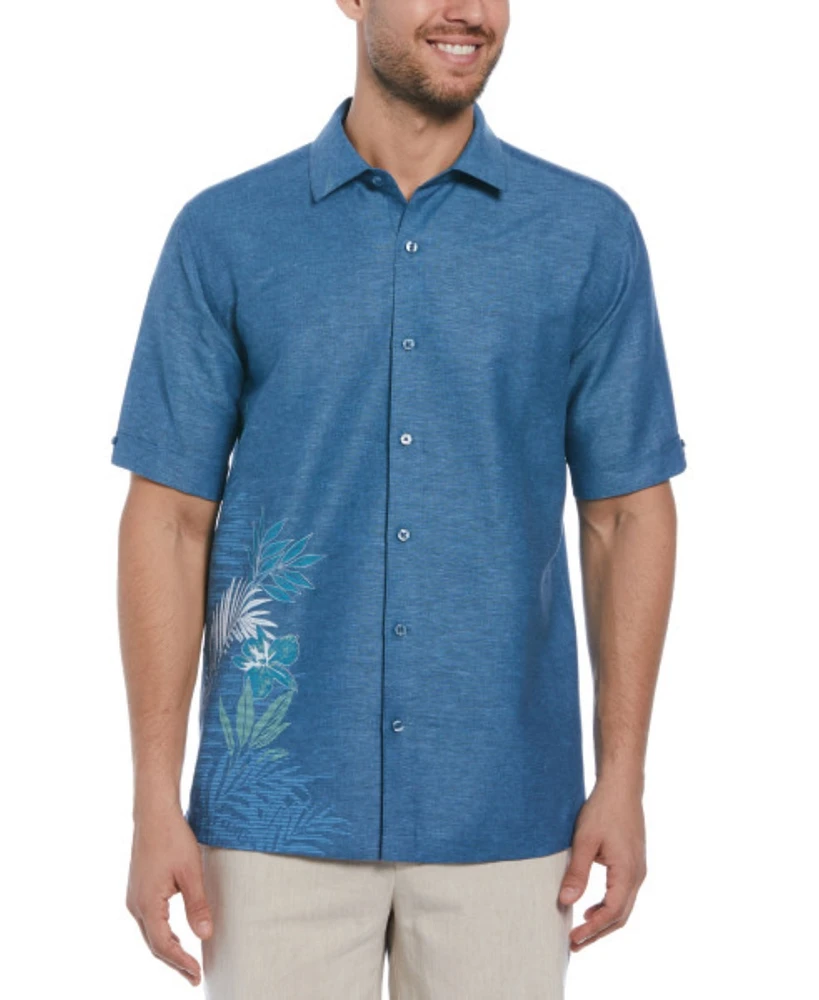 Cubavera Men's Chambray Short Sleeve Tropical Leaf Print Linen Blend Button-Front Shirt