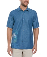 Cubavera Men's Chambray Short Sleeve Tropical Leaf Print Linen Blend Button-Front Shirt