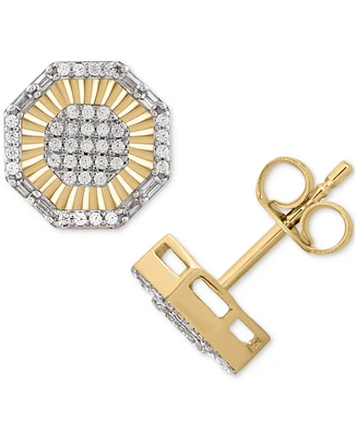 Men's Diamond Round & Baguette Hexagon Halo Cluster Stud Earrings (1/4 ct. t.w.) in 10k Gold