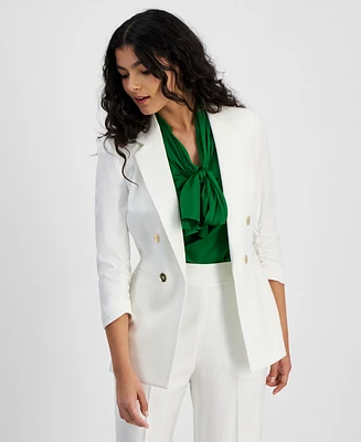 Bar Iii Women's Faux Double-Breasted Linen-Blend Ruched-Sleeve Blazer, Created for Macy's