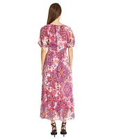 Donna Morgan Women's Printed Tie-Neck Puff-Sleeve Midi Dress