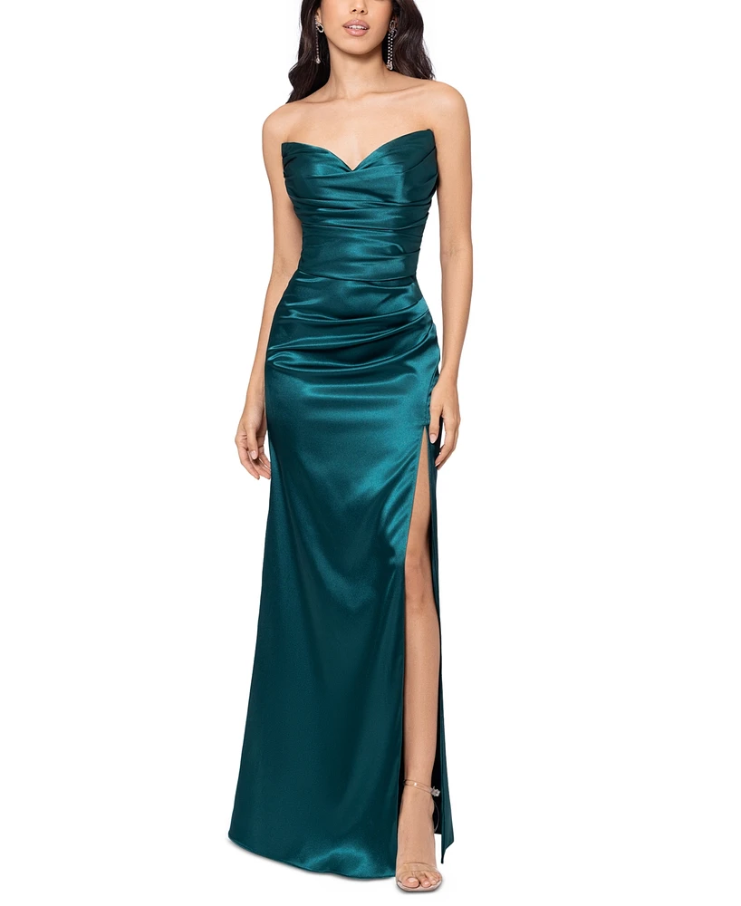 Blondie Nites Juniors' Strapless Side-Slit Satin Dress