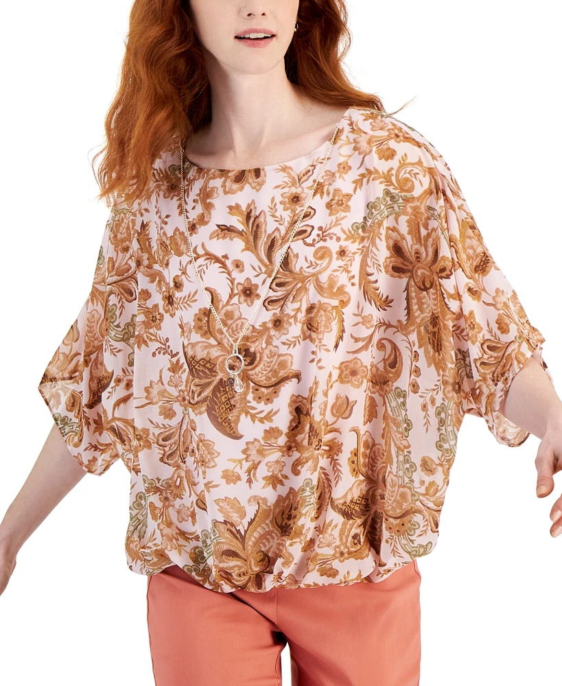 Jm Collection Women's Printed Poncho-Sleeve Necklace Top, Created for Macy's