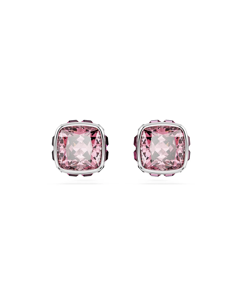 Swarovski Rhodium Plated Square Cut Color Birthstone Stud Earrings