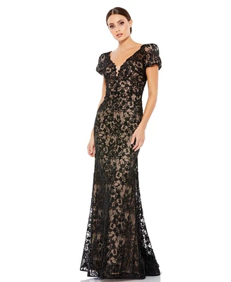 Women's Lace Plunge Neck Short Puff Sleeve Trumpet Gown