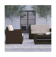 Ava 4 Piece Faux Rattan Patio Furniture Set With 2 Chairs And Love Seat With Removable Cushions And Table